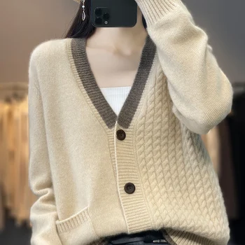Есенно-зимния женски нов обикновен пуловер с V-образно деколте, 100% чиста вълна, крученая вязаная блуза, модерен мека жилетка