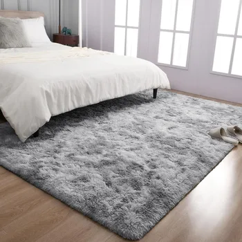 Голям пухкав килим за хол, спалня, светло сиво интериорен супер мека плюшена подложка, обновен нескользящий модерен килим