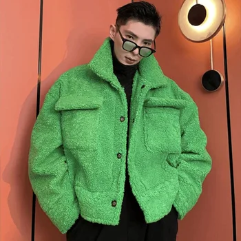 2023 Зимни Мъжки Къс яке от Овча вълна Винтажное Корейското Красиво Свободно Ежедневното Топло Палто Мъжки Утепленная Модни Памучен яке