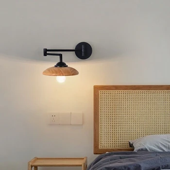 Малка странична лампа за спални, японски творчески сгъваема и плъзгаща се, с монтиран на стената лампа, дървена дървена лампа за четене, окачена лампа цвят на скандинавския дърво