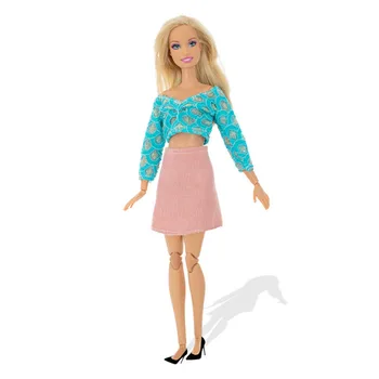Синьо-розов комплект модерен кукольной облекло за кукли Барби, облекло за кукли 1/6, аксесоари за кукли Барби, съкратен топ, риза, пола, детски играчки
